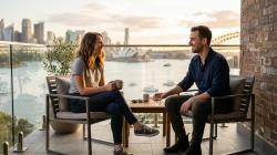 How to Avoid Catching Feelings in an FWB Australian couple in their late twenties at golden hour on a Sydney apartment balcony having a relaxed conversation, illustrating a casual friends with benefits dynamic